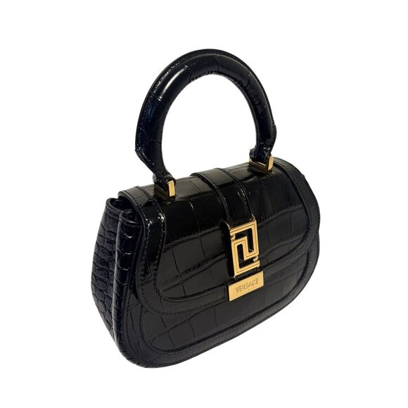 Versace Greca Goddess Croc-Embossed Top Handle Mini Bag in Black Calfskin - Picture 5 of 13